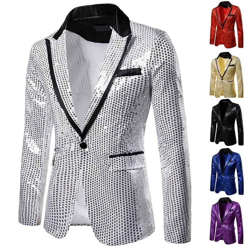 

2023 New Men's Sequins One Button Suit European Size Single Western Coat Performance Dress Casual Top