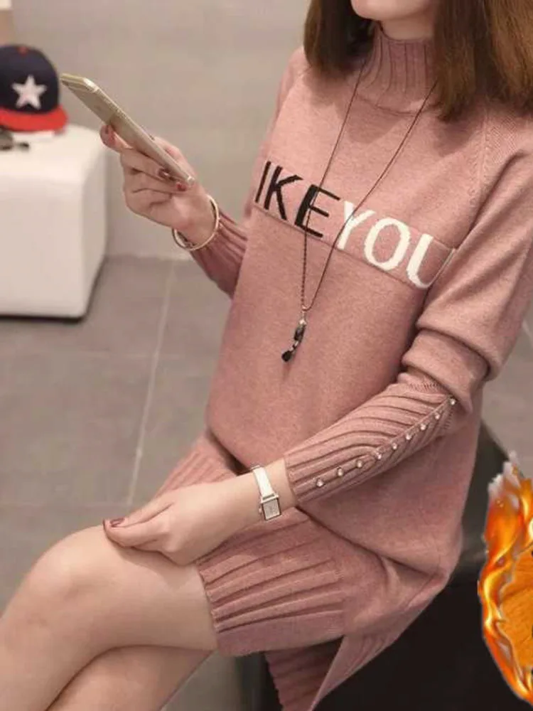 

Women No Fleece /fleece Knit Sweater Pullover Half Turtleneck Long Sleeve Mid-length Warm New Jumper Sweater Tops New 2022