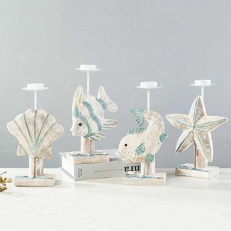 Mediterranean Style Fish-shaped Candlestick Handicraft Gifts Wooden Starfish Candlestick Display Rack Home Desktop Decoration