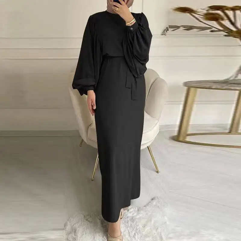 Muslim Dresses for Women Belted Abaya Dubai Turkey Puff Sleeve African Long Party Dress Islamic Clothing Plus Size Kaftan Robe