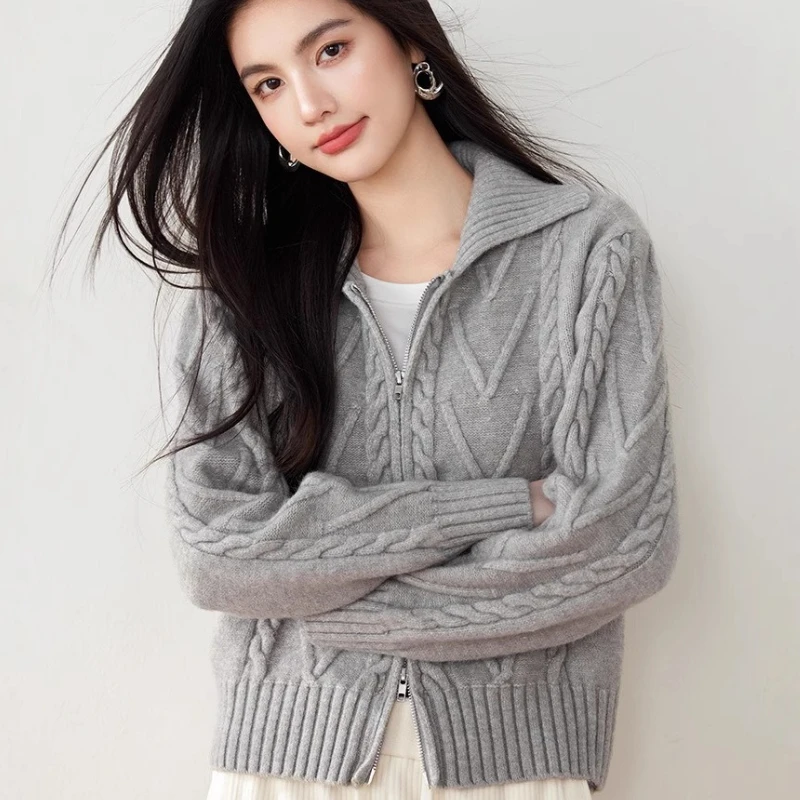 Fashion Autumn Fried Dough Twists Zipper CardiganSweater Women Winter Thickened Knitted Cardigan Long Sleeve Lapel Coat
