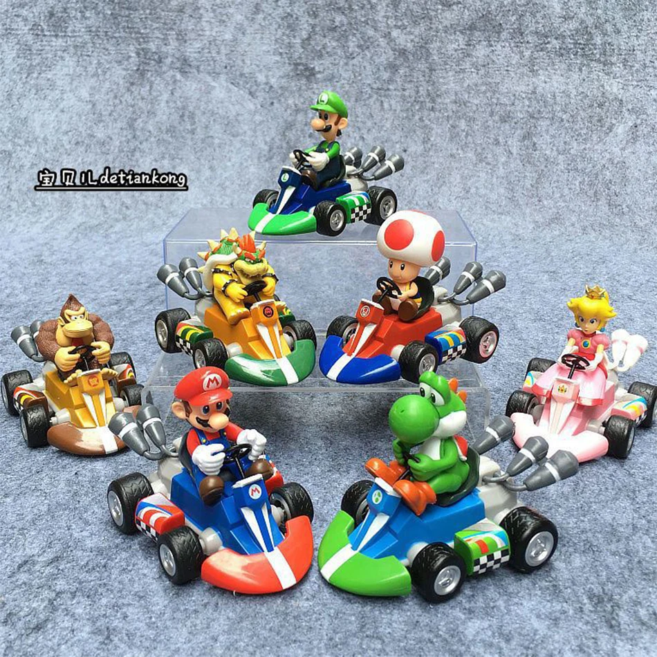 Style Mario samochód z napędem Pull Back zielone Yoshi Donkey Kong Bowser Luigi figurki brzoskwiniowe figurki zabawki Anime gra lalki na prezent dla dzieci