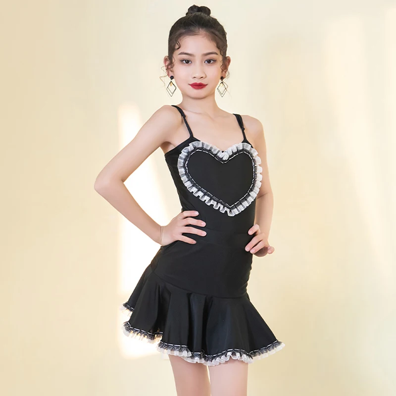 

Новинка 2023, платье для латиноамериканских танцев для девочек, черная тренировочная одежда на бретельках, chrumba, Tango, Samba, детские костюмы для латиноамериканских танцев DQL8129