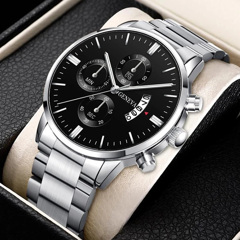 5pcs Necklace Bracelet Ring Mens Watches Set Fashion Luxury Men Stainless Steel Quartz Wrist Watch Man Business Casual Watch 4