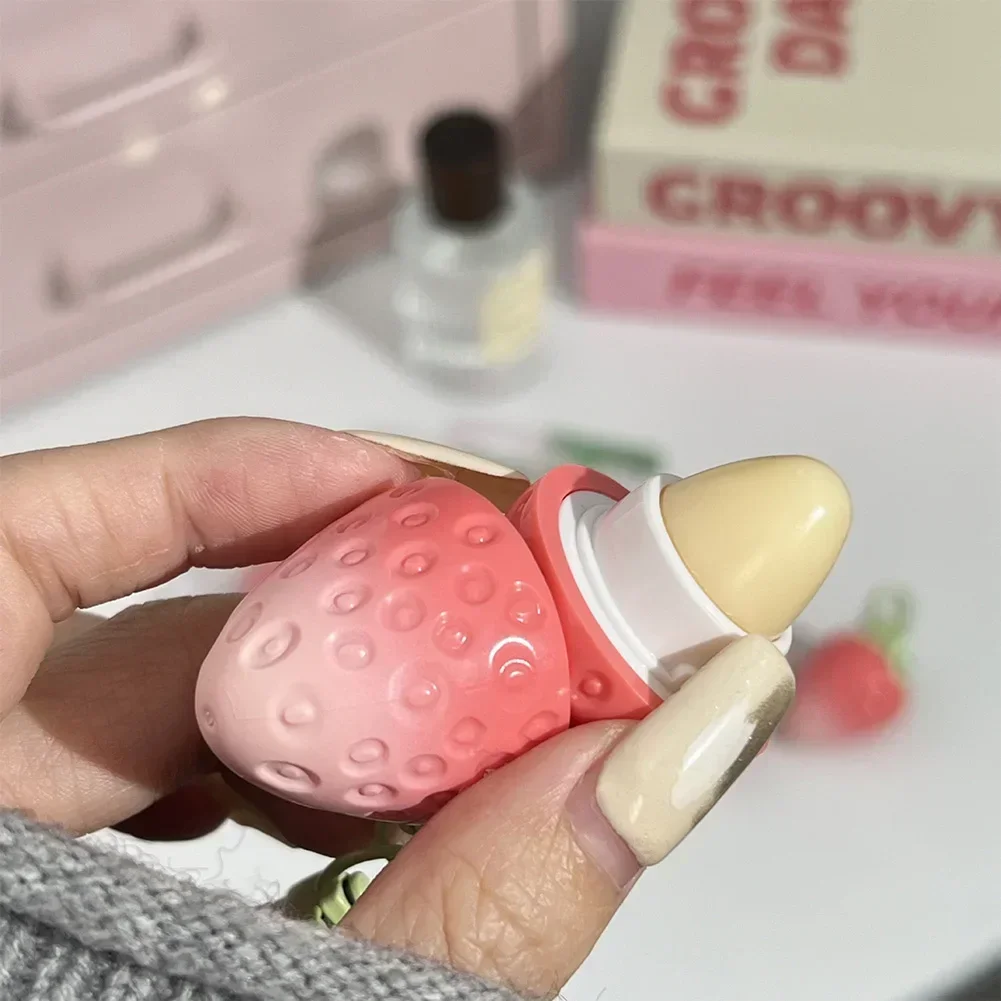 1pc Strawberry Keychain Warming Lip Balm Long Lasting Natural Pink Lipstick Tint Color Changing Lipstick Fruity Lips Care Makeup 4
