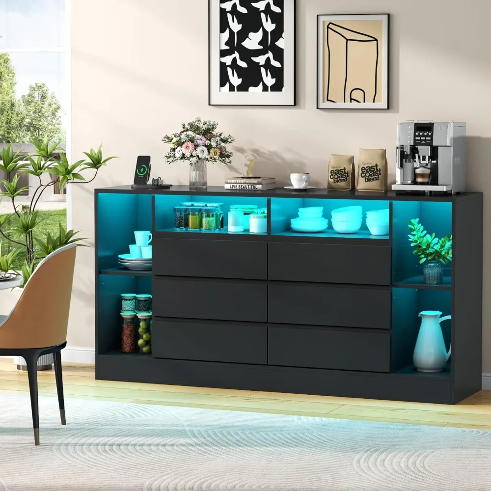 55" Modern Dresser with 6 Drawers, USB Charging, RGB LED Lighting & Open Storage - Black