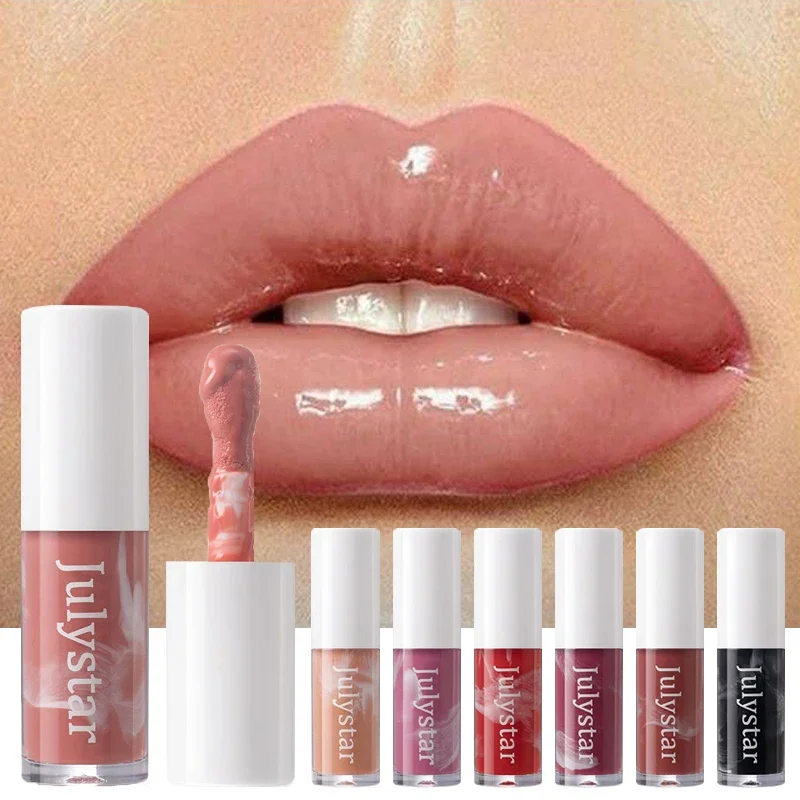 Julystar Mirror Lip Gloss Nude Milk Tea Liquid Lipstick Waterproof Sexy Red Moisturizing Lip Tint Hydrating Plumping Lips Makeup