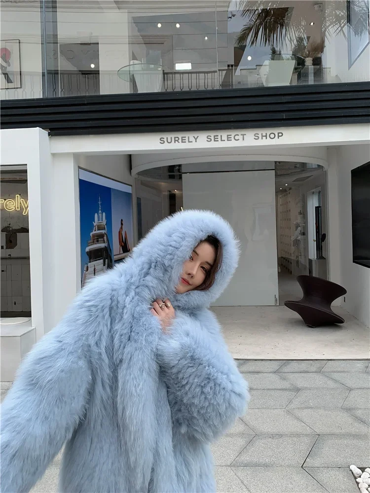 Double-sided Woven Fox Fur Coat Women's Clothing Fashion Hooded Long Young Knitted Thick Warm Fur Casual Jackets Autumn/Winter