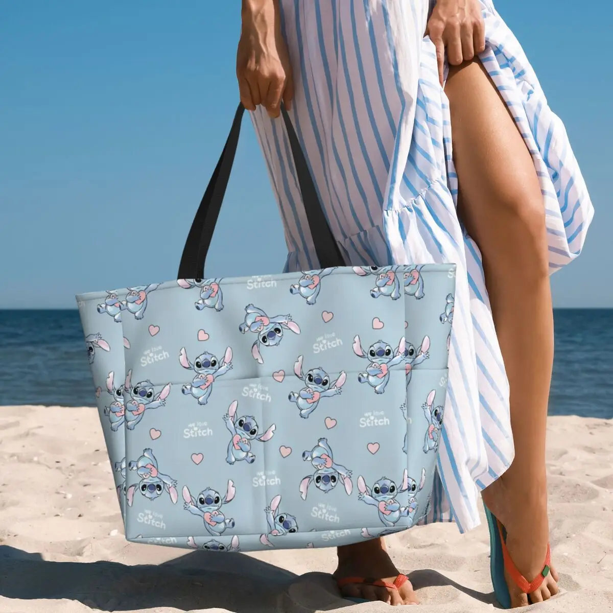 Disney Stitch Large Beach Tote Bag Women Sandproof Tote Bags for Travel