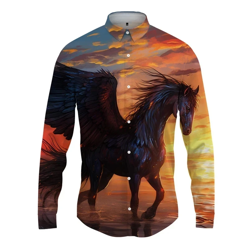 Camisas con estampado 3D de caballos para hombre, blusa informal de manga larga con botones, ropa de calle, camisa de playa de gran tamaño para hombre