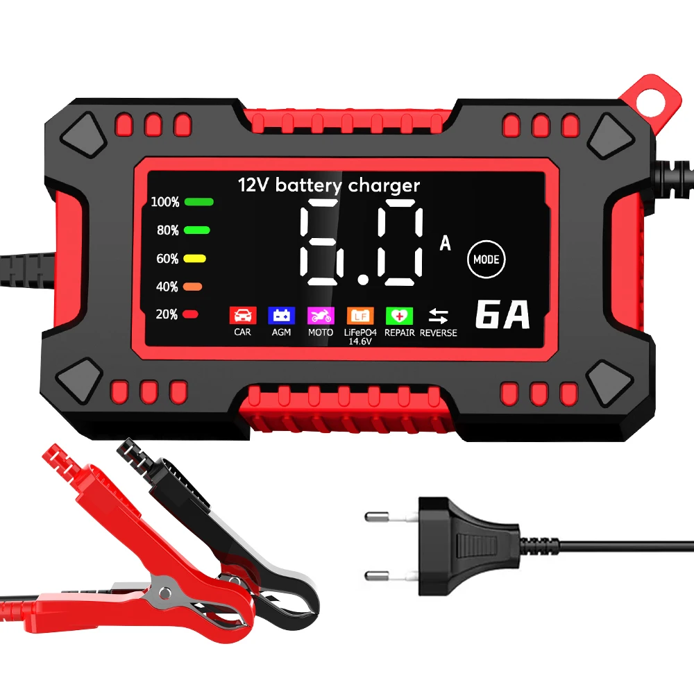 12V 6A Car Battery Charger 14.6V 6A Digital Display Electric Moto Charger For LiFePO4 Lead Acid AGM Smart Battery Repair EU Plug