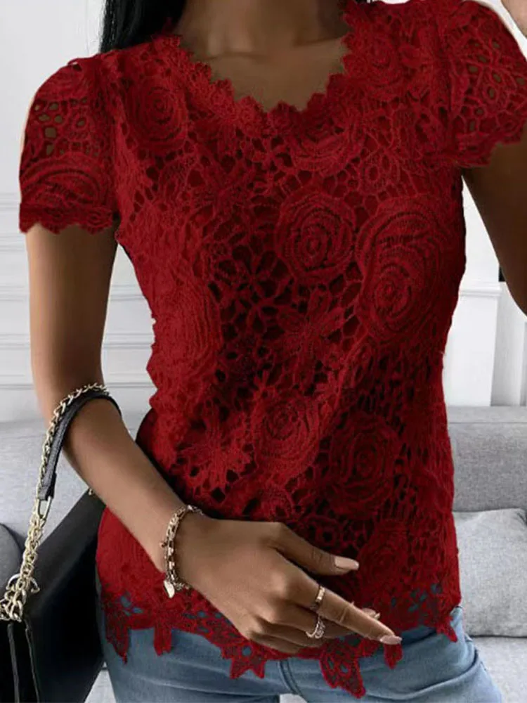 Women Summer Lace Crochet Short Sleeve Loose Tshirt