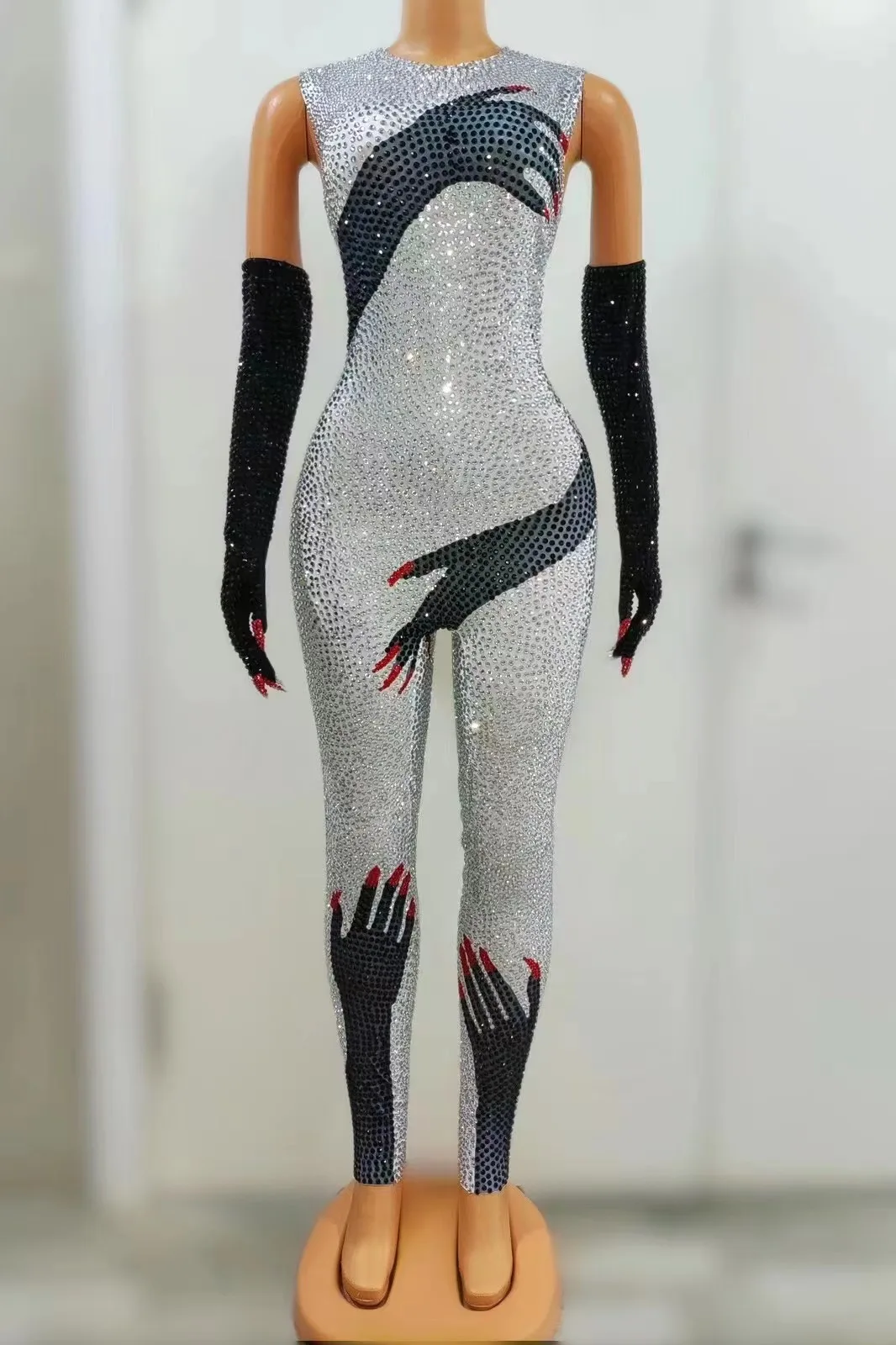 

Red Luxury Diamonds Black Hand Sexy Sheath Jumpsuit Evening Party Performance Costume Bar Nightclub Singer Dancer Stage Wear