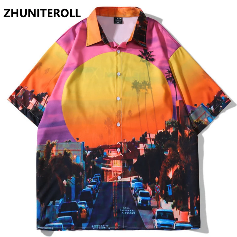 

Hip Hop Harajuku Hawaiian Shirt Fashioin Streetwear Sunset Boulevard Print Short Sleeve Button Beach Shirts Loose Summer Top