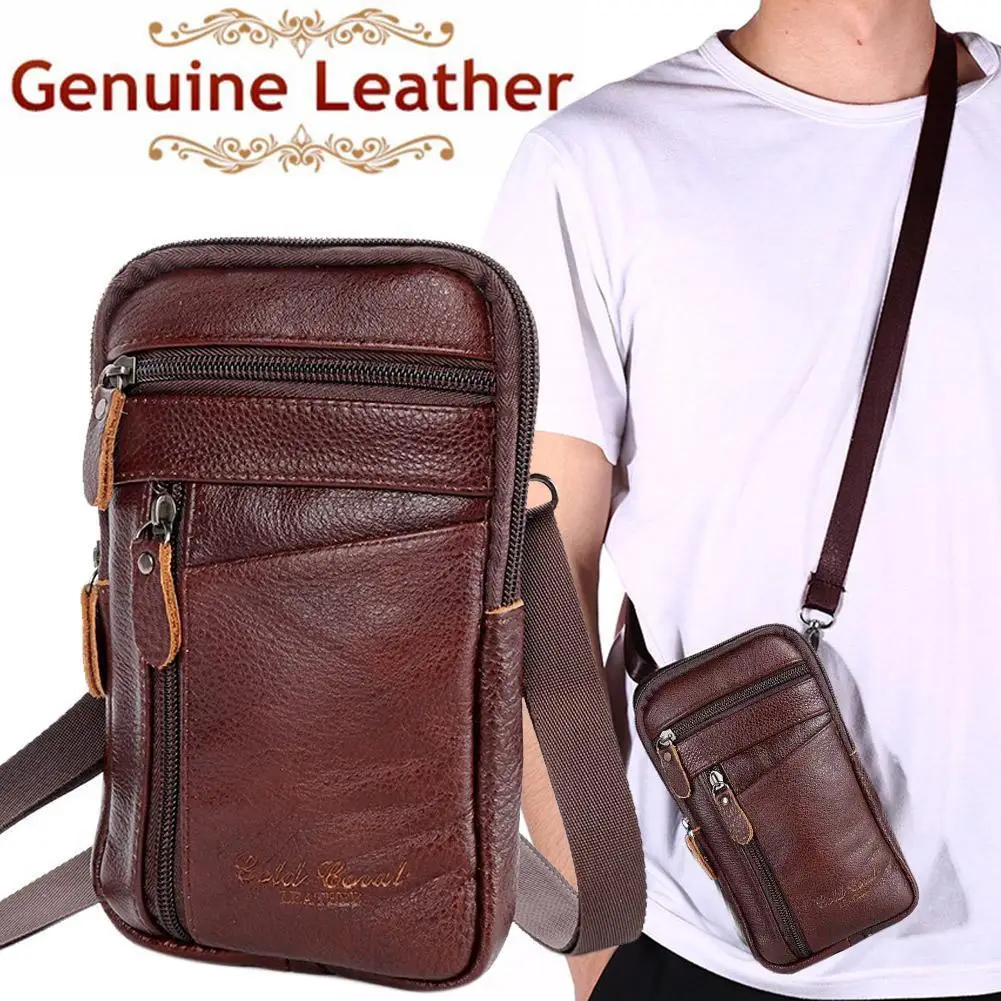 

Vertical Men's Genuine Leather Mobile Phone Bag Multi Functional Single Shoulder Oblique Cross Burglar Zipper Men's Waistpack