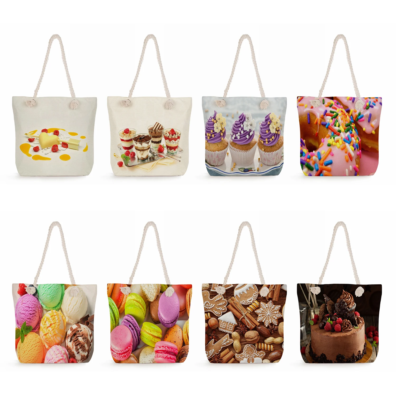 

Casual Cartoon Dessert Print Handbags High Capacity Women Tote Bags Kitchen Reusable Shopping Bags Thick Rope Travel Beach Bags