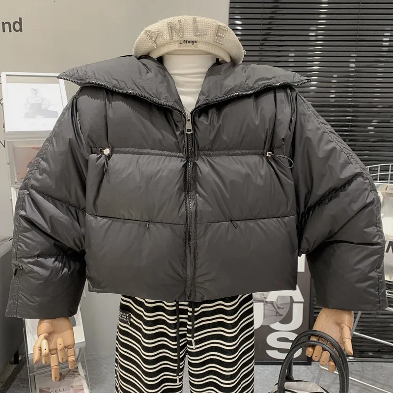 

Elegant large lapel round neck fashionable versatile design drawstring solid color down jacket cotton-padded clothes for women