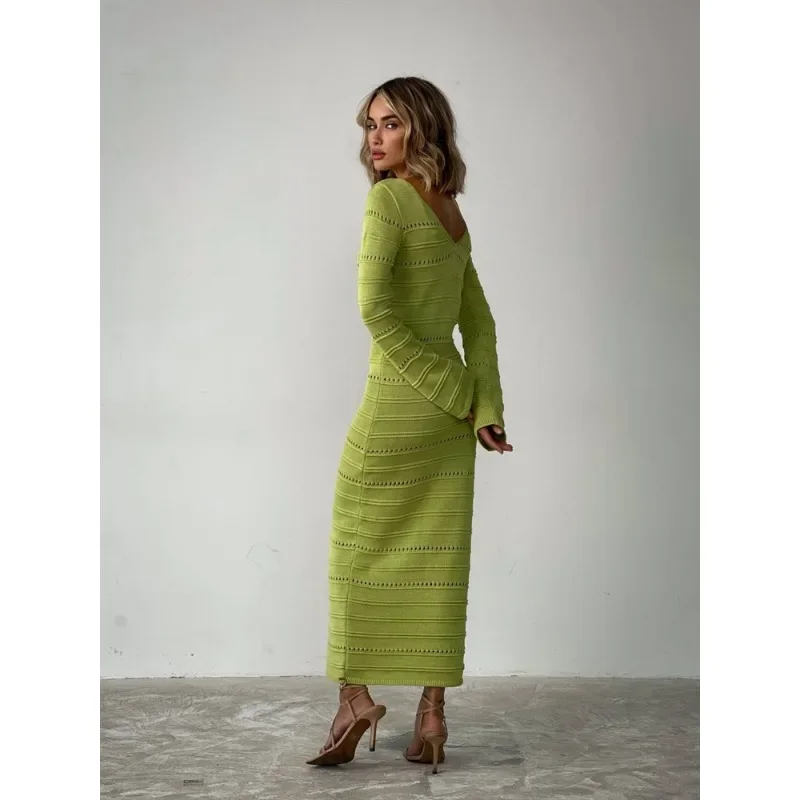Striped Hollow Two-Wear Knitted Long Dress For Women Fashion Party Club Sweater Dress Vestido FemaleSlim Solid Outfits
