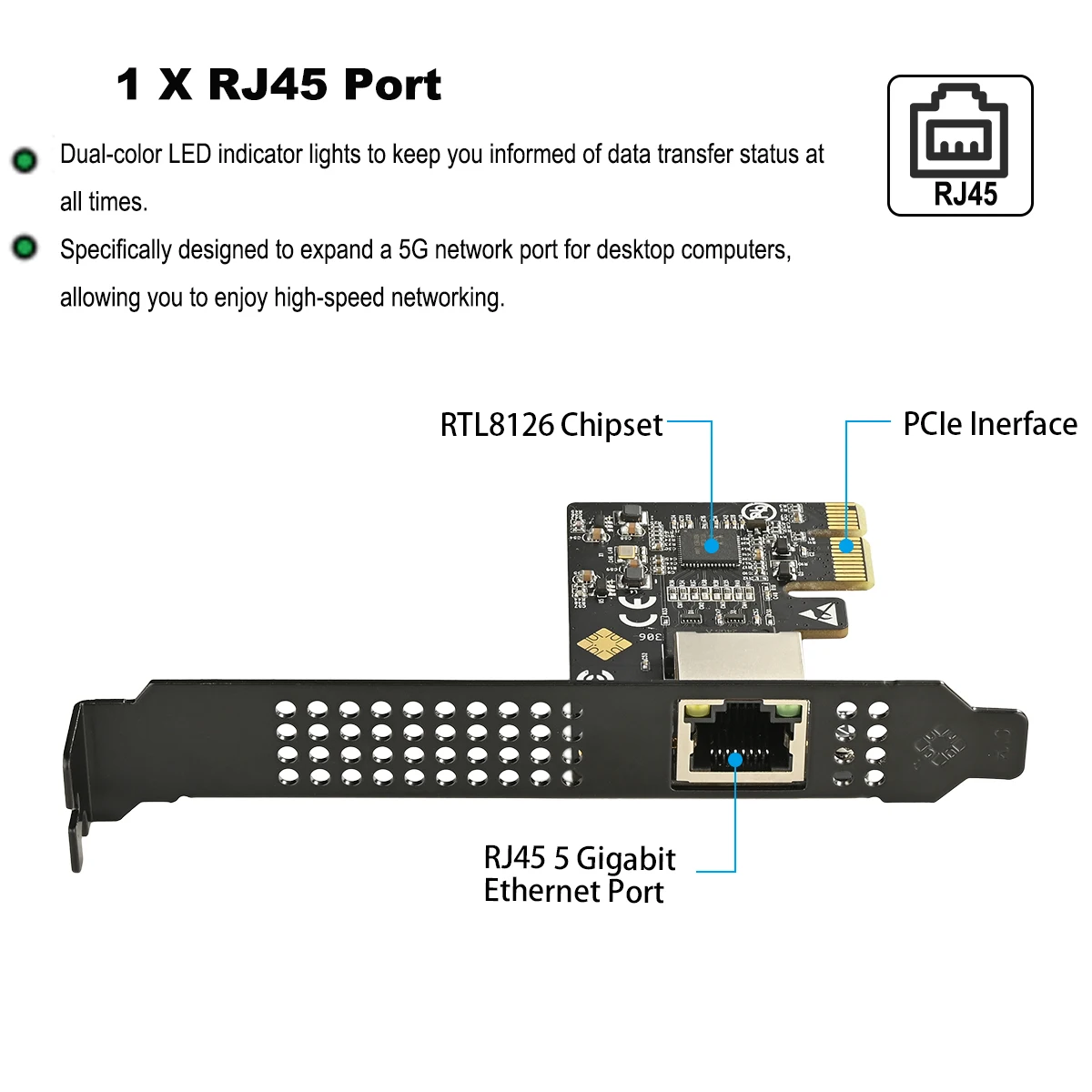 IOCREST-tarjeta de red PCI-E a RJ45, Chip RTL8126, Gigabit, Ethernet, PCI Express, 10/100/2500/5000Mbps, 1gbps/5gbps