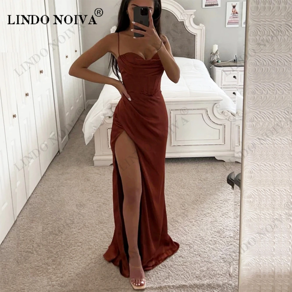 

LINDO NOIVA Sexy Satin Evening Dresses Spaghetti Straps Long Meramaid فساتين السهرة Formal Party Gown Robes De Soirée with Slit
