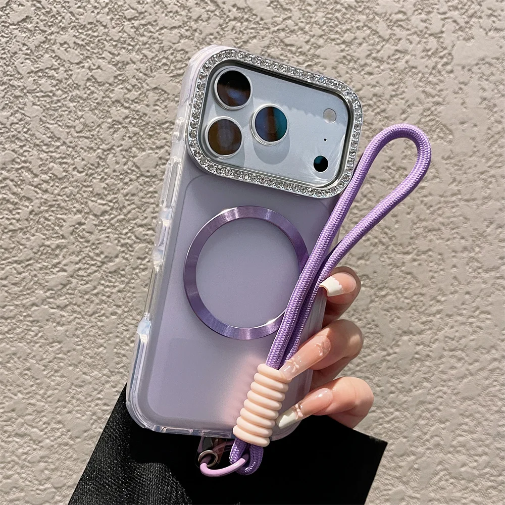 Elegant Transparent Magnetic Phone Case with Glitter Diamond Lens Frame and Lanyard Attachment