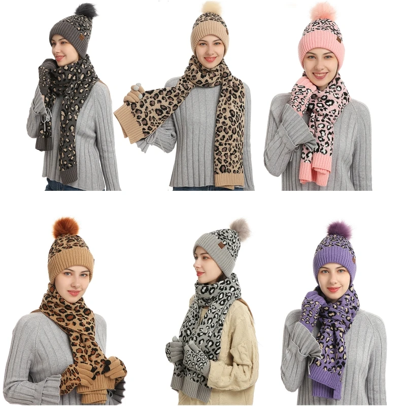 

New Winter 3Pcs Leopard Beanie Hat Gloves Scarf for Women Knit Fleece Lined Warm Touchscreen Gloves Skullcap Long Scarf