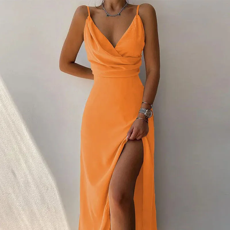 sachin and babi light blue dress Summer Elegant Suspender Tight Women's Dress Fashionable And Sexy V-neck  Striped Print Slit Drawstring High Waist Long Skirt