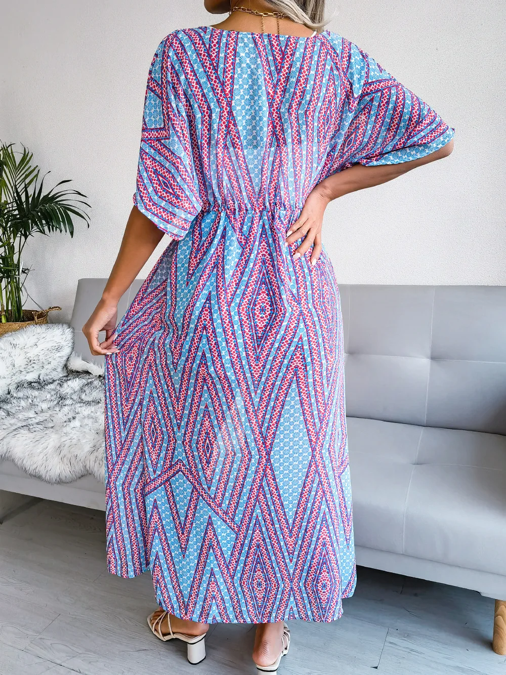 Summer Women Casual Lacing Printing Striped Chiffon Beach Sun Protection Clothing Oversize V-neck Chiffon Multicolor Cardigan bikini cover up set