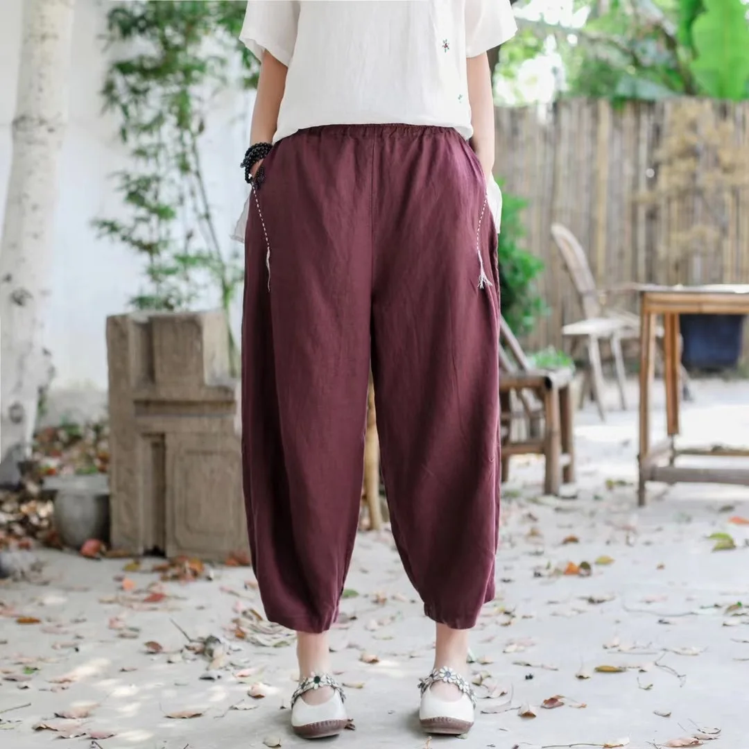 Women Linen Pants Ladies Elastic Waist Flax Pants Female Solid Color Embroidered Linen Trousers Summer Calf Length Pants FT91 denim capris Pants & Capris