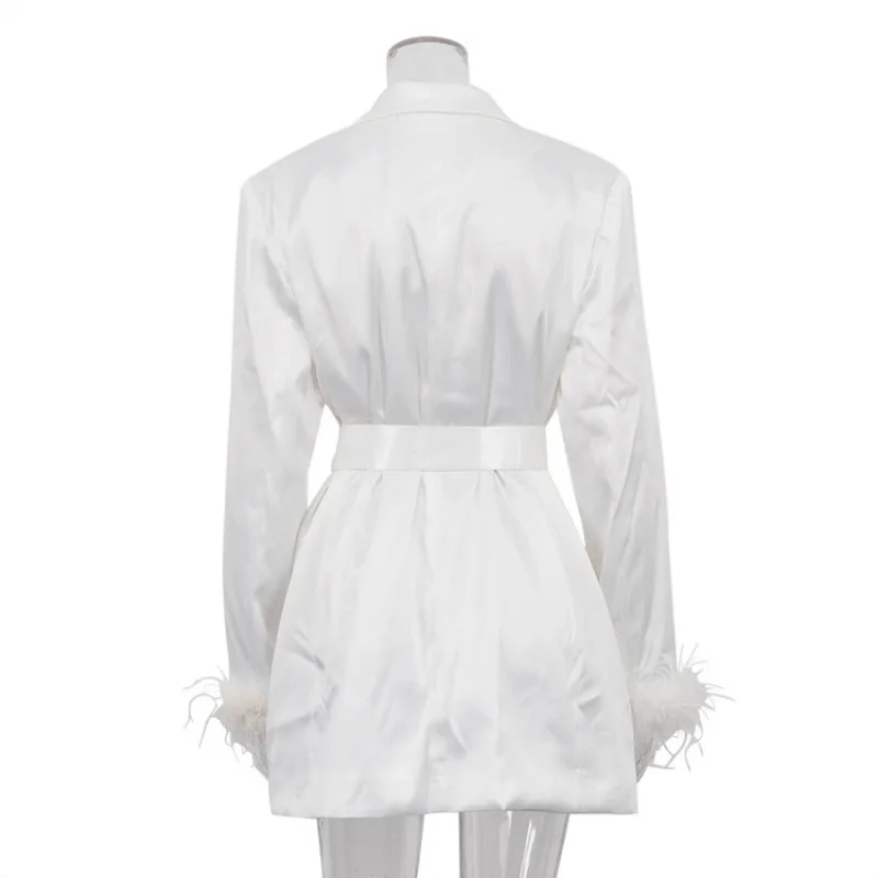 Lace Up Blazer Dress For Women Feather Splice Black Long Sleeve Fashion Dresses Femme Party Temperament Vestido Ladies