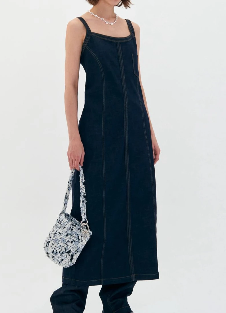 

Fashion Classic Trendy Luxury Designer Women Strap Denim Dress New Casual Square Collar Sleeveless Waist Slim Long Camisole Robe