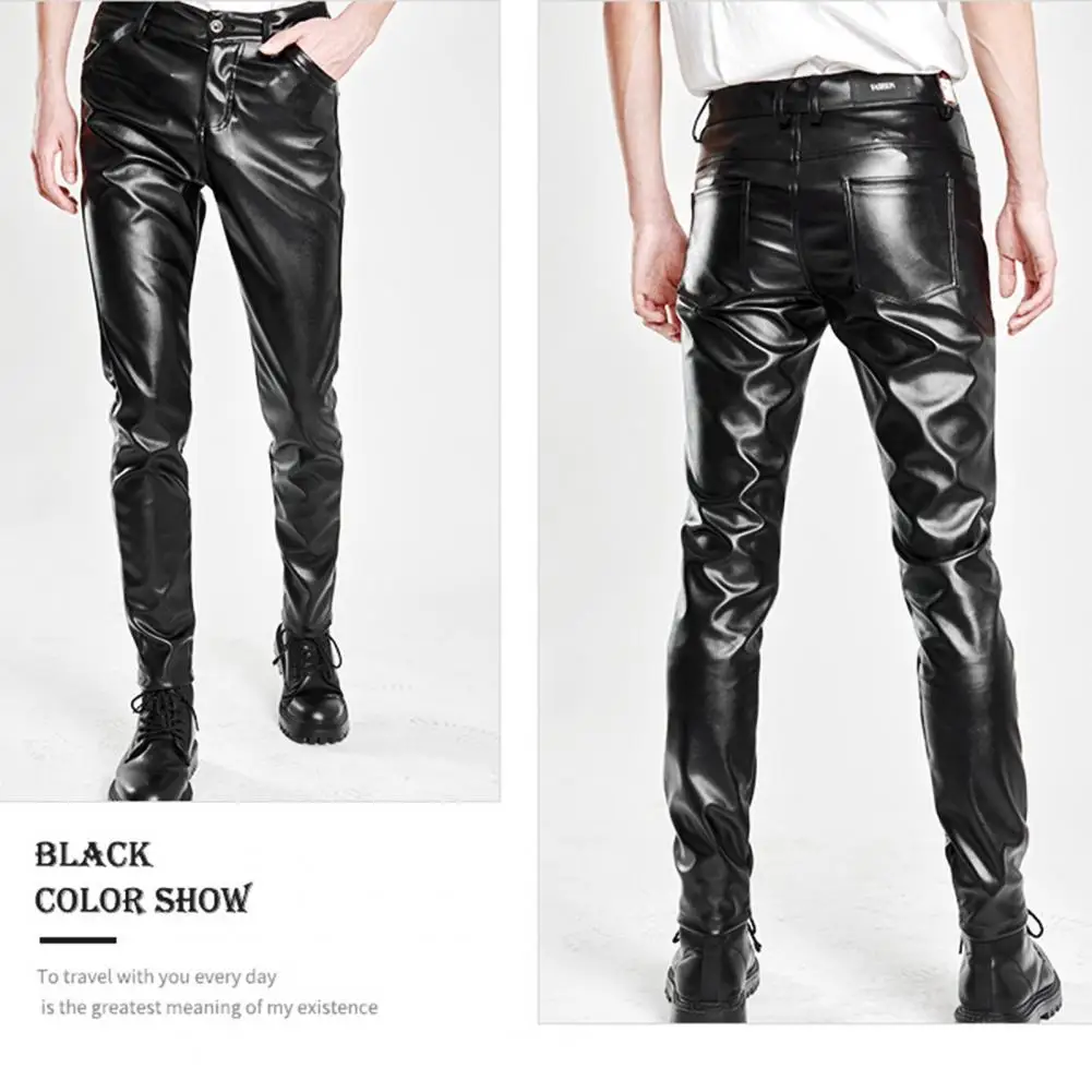 Men Faux Leather Pants Slim Fit Elastic Glossy Mid Waist Breathable Pockets Ankle Length Streetwear Hip Hop Club Pencil Pants men trousers,leather pants,skinny pants