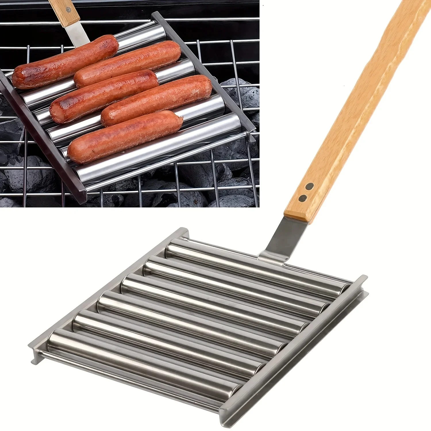 

Stainless Steel Sausage Roller Rack Hot Dog Roller Sausage Roller with Extra Long Wood Handle for Grill Evenly BBQ Accessories