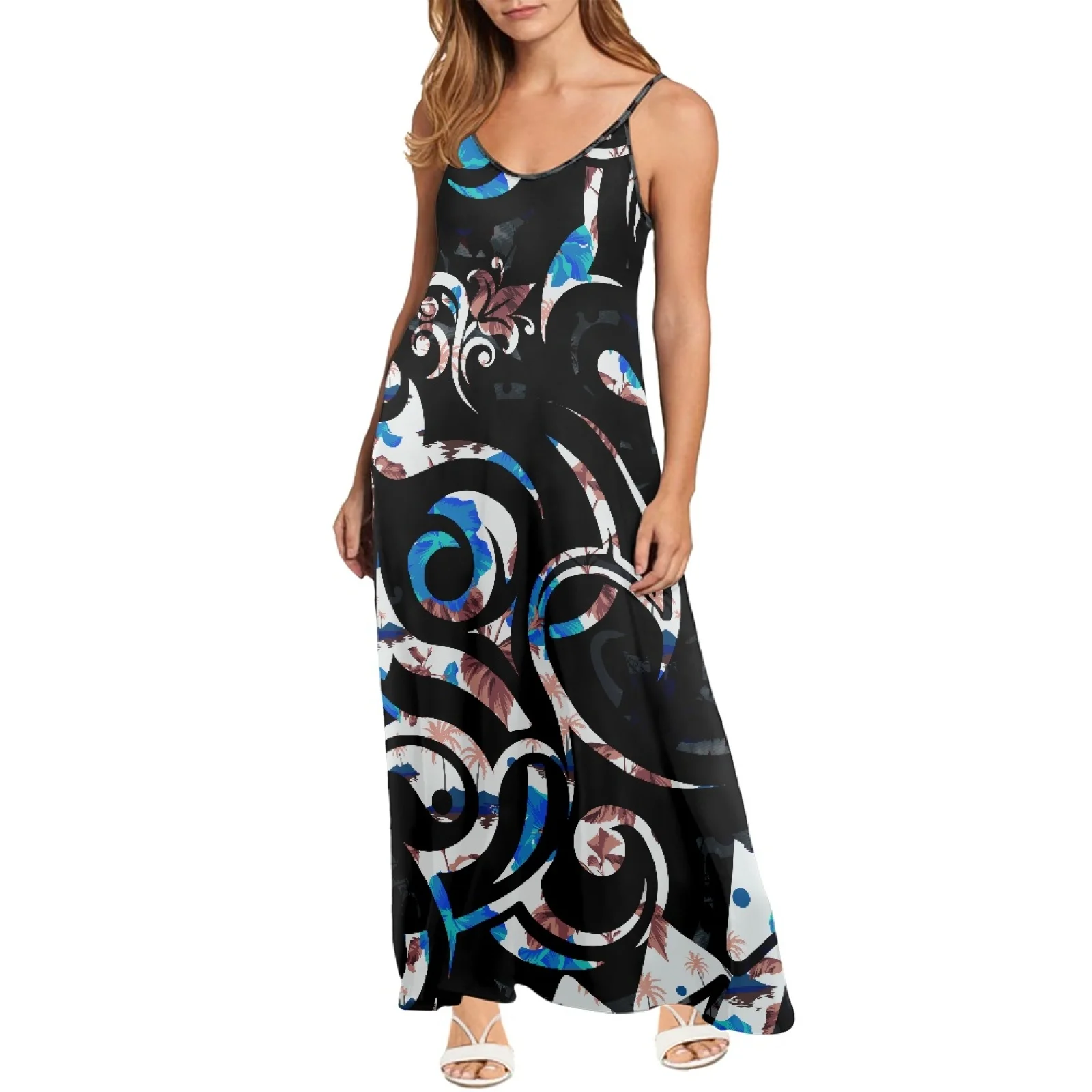 

Polynesian Tribal Samoan Totem Tattoo Samoa Prints Women Casual Vintage Sexy V Neck Never Out Of Date Families Halter Long Dress