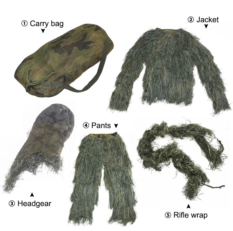 5pcs/set Camouflage Ghillie Suit Yowie Tactical Clothes Camo Suit for Hunting Paintball Ghillie Suit Men Hunting Clothes 4