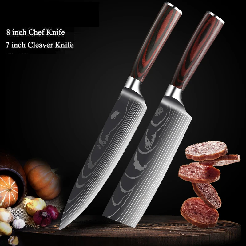 Chef Knife Set 7CR17MOV Stainless Steel Laser Damascus Pattern Japanese Kitchen Cleaver Utility Slicing Santoku Knife with Cover 