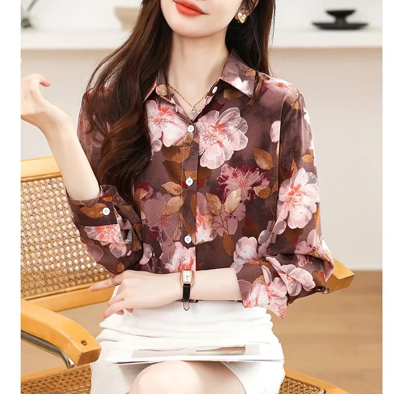 Chiffon Vintage Women's Shirt Summer Prints Blouses Loose Fit Polo-neck Long Sleeve Women Tops Fashion Clothing 2024 Korean