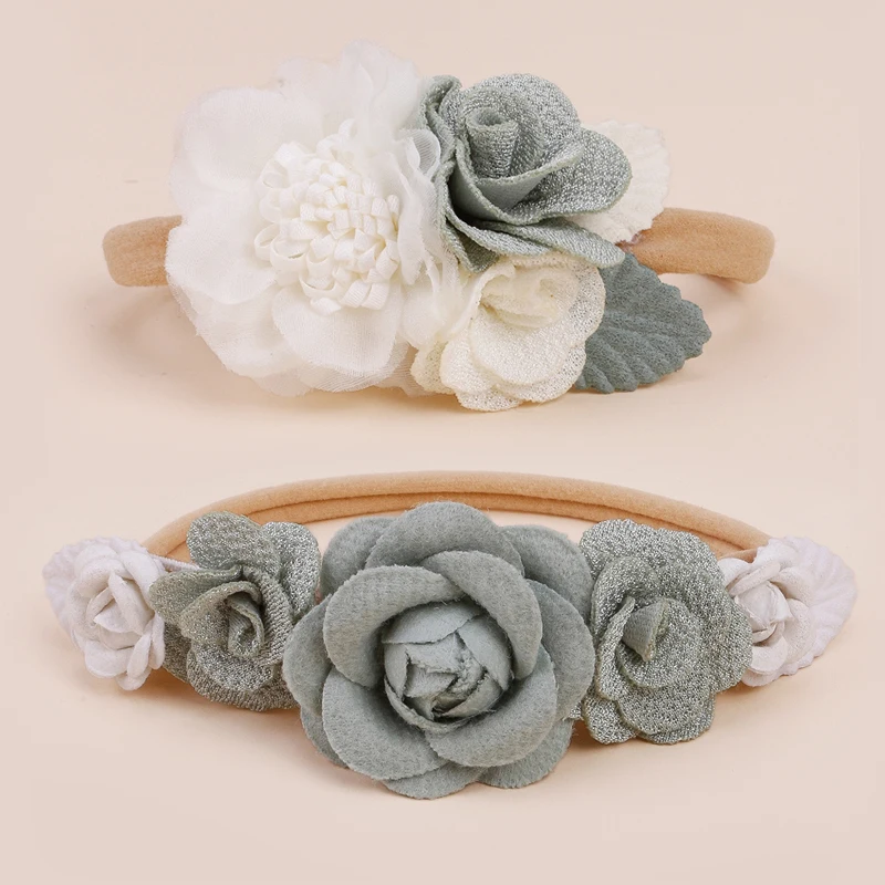 Popular Beautiful Spring Rose Blossoms Pink Purple Green Blue Handmade Nylon Headband for Girls Daily Matching with Party 2pcs 6