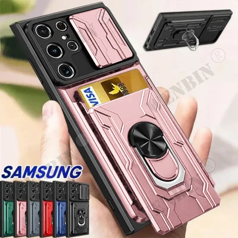 

Case For Samsung Galaxy S24 S23 Ultra Plus FE A54 A14 A05S Slide Stand Ring 360 Magnetic Camera Military Grade Card Slot Cover