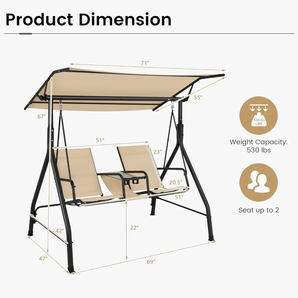 2 Person Porch Swing,  Outdoor Swing with Tempered Glass Table, 2 Cup Holder,  Patio Swing with Adjustable Canopy 3