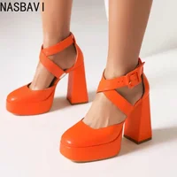 NASBAVI Spring New Styles Fashion Round Head Ultrahigh Heel Women's Shoes Orange Shallow Mouth Buckle Square Heel Women Shoes 1