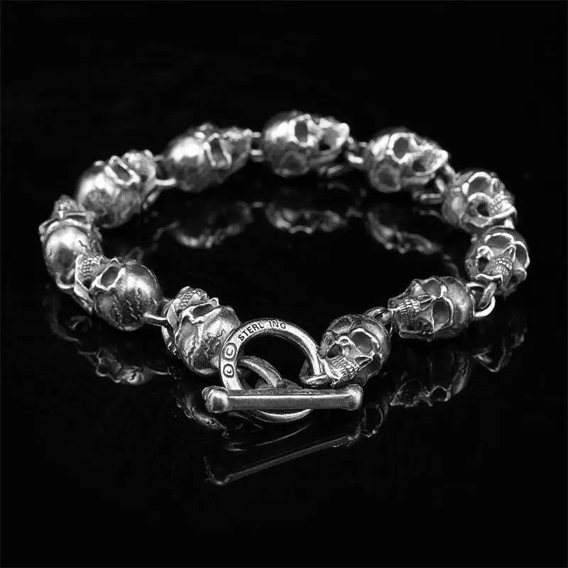 

S925 Silver American Garber Style Handmade Skull Motorcycle Hand String Trend Men's and Women's Skeleton Vintage Punk Bracelet