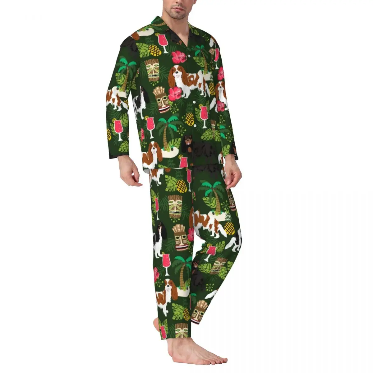 

Tropical Island Vacation Pajamas Set Spaniel Dog Hawaii Sleepwear Male Long Sleeves Loose Night 2 Pieces Home Suit Plus Size