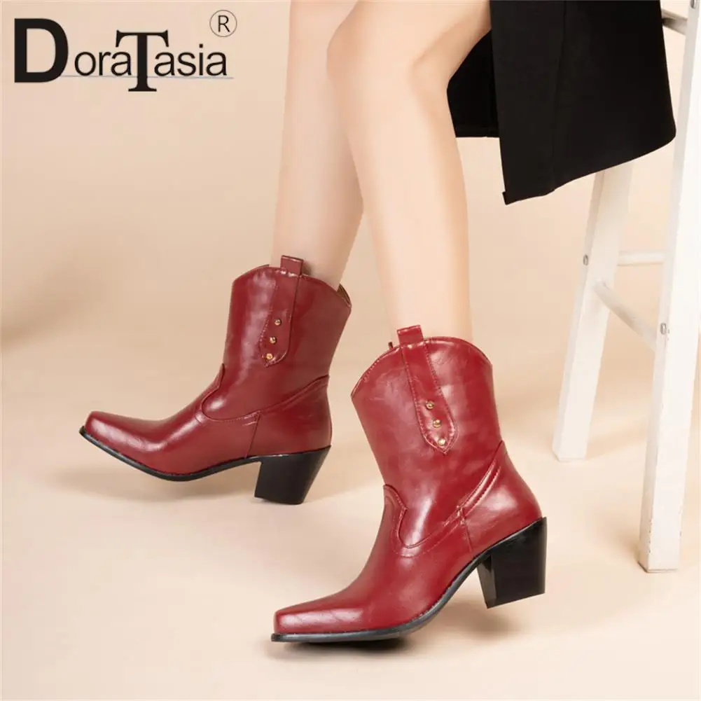 Plus Size 48 Brand New Ladies Pointed Toe Ankle Boots Fashion Slip-on Chunky Heels women's Cowboy Boots Casual Party Woman Shoes
