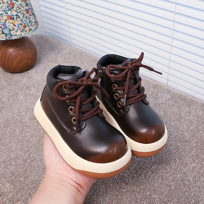 Leather Kids Ankle Boots Non Slip Thick Sole Autumn School Boots