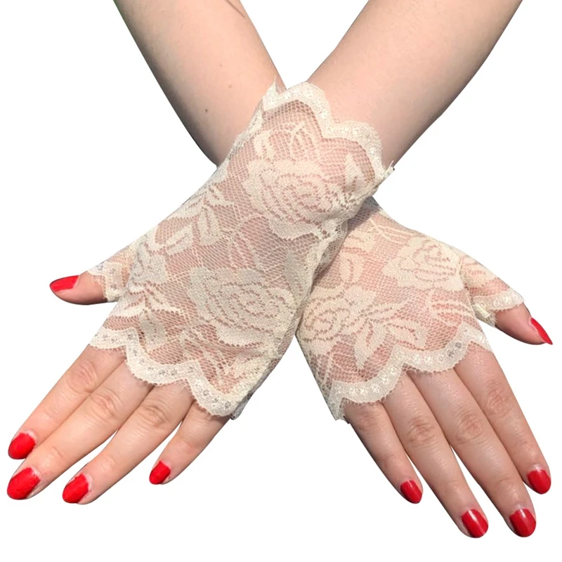 4 Paires Gants En Dentelle Sans Doigts à Fleurs Pour Femmes - Multicolor (noir, Blanc, Rouge, Peau), Lavage Main