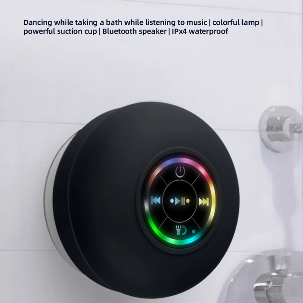 

Mini Bluetooth Speaker Portable Waterproof Bluetooth Shower Speaker With Suction Cup And LED Lights 3D Surround Stereo Subwoofer