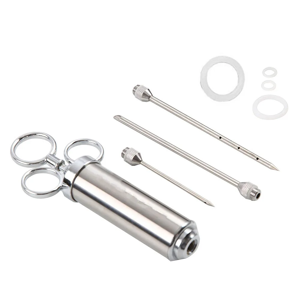 Marinade Meat Injector Stainless Steel BBQ Injector Syringe 2 Ounce Capacity with 6 Needles Silicone Brush