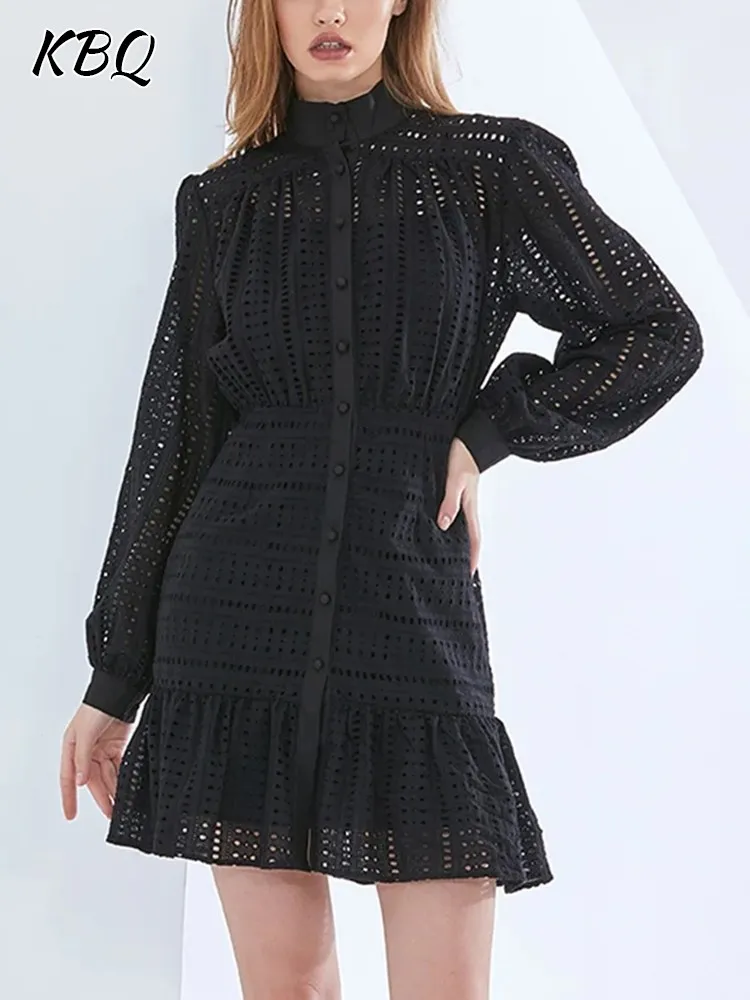 

KBQ Elegant Hollow Out Ruched Mini Dress For Women Stand Collar Long Sleeve High Waist Single Breasted Solid Dresses Female New