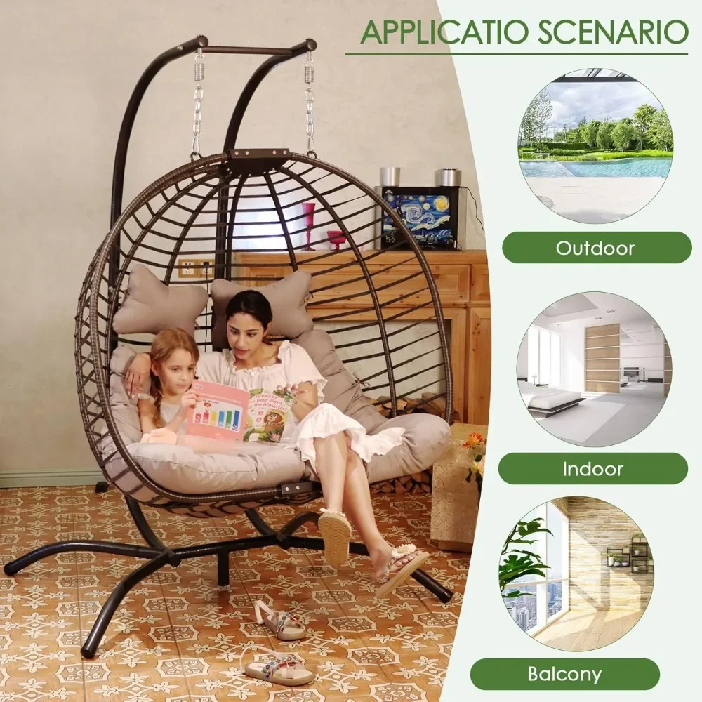 2 Person Double Egg Chair Outdoor Patio Wicker Loveseat Hanging Chair Swing Egg Chairs with Beige Cushions Double Seats 6